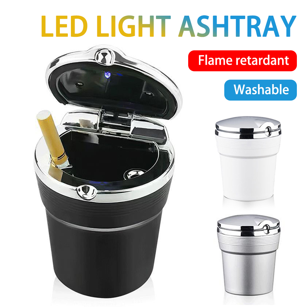 Weloille Car Ashtray With Lid,Portable Ashtray For Car,Mini Car Trash Can Detachable Stainless Steel Smokeless Cylinder Cup Holder Ash Tray Led Light Windproof Outdoor Tr