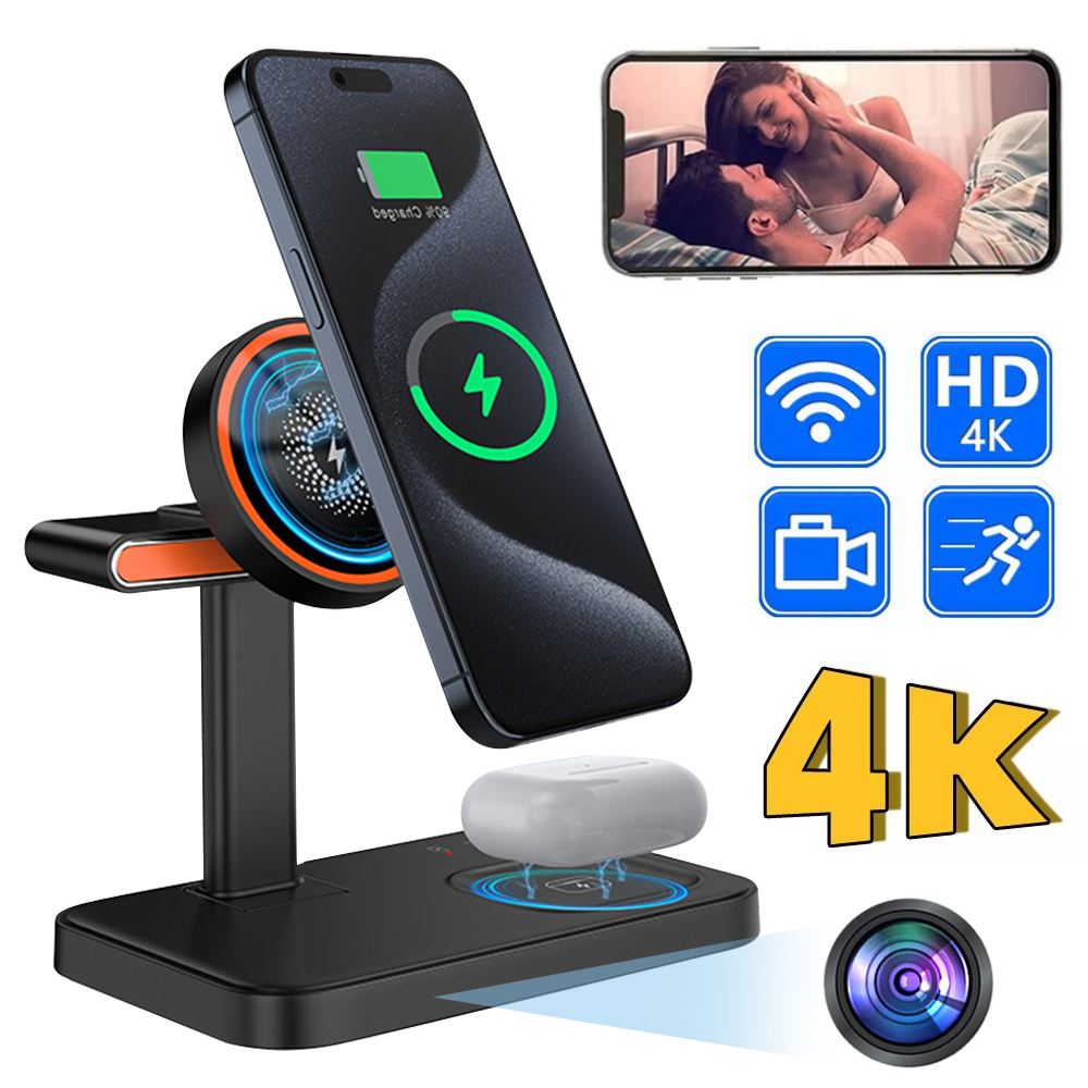 A smartphone and earbuds sit on the Universal Charger SpyCam wireless charging stand. Icons show 4K quality, wireless connectivity, motion detection, camera features, and phone mirroring, with a couple displayed on screen.