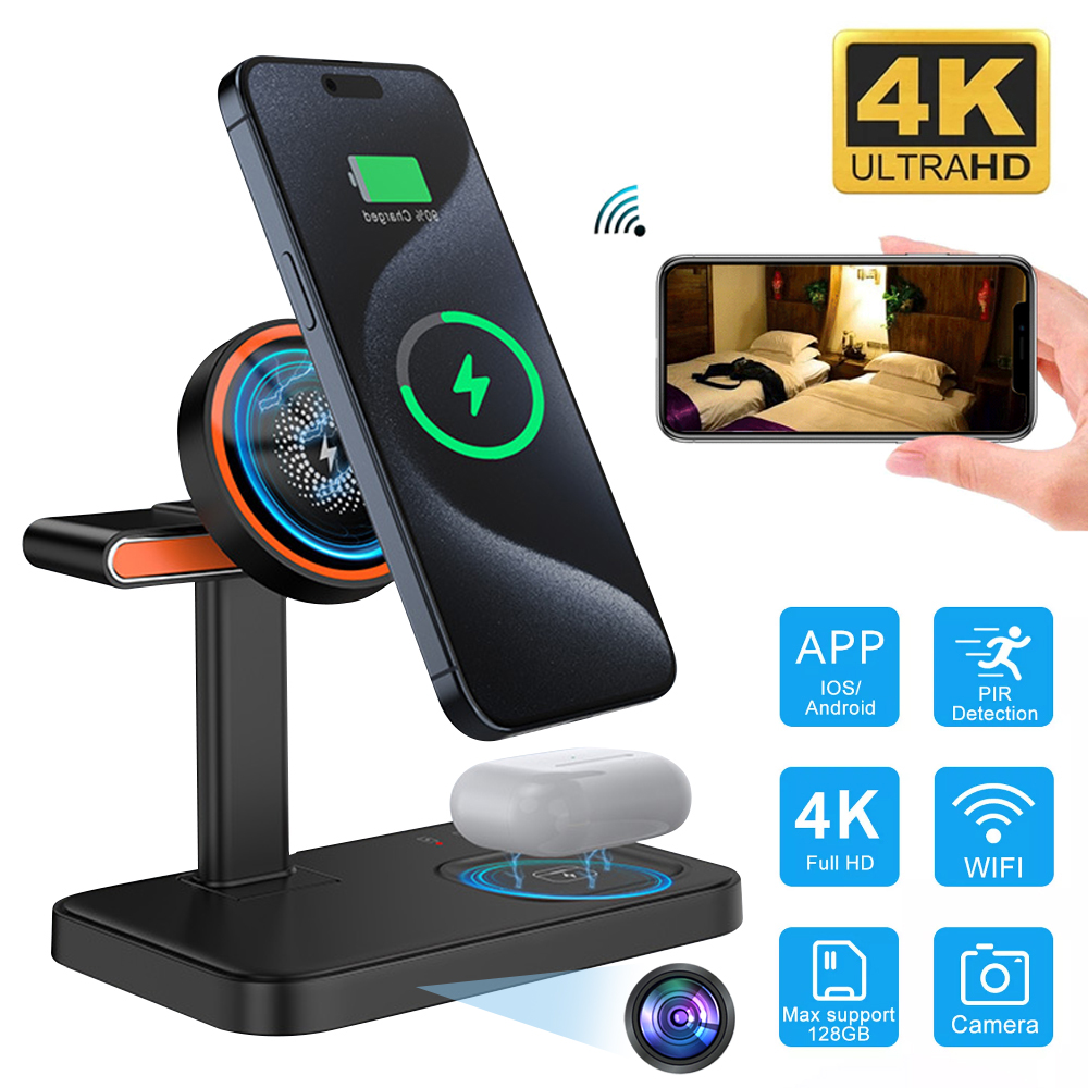 The Universal Charger SpyCam features a sleek wireless charging stand for smartphones and earbuds. A nearby hand streams video on a smartphone, showcasing icons for 4K UHD and Wi-Fi—all integrated seamlessly for discreet surveillance.