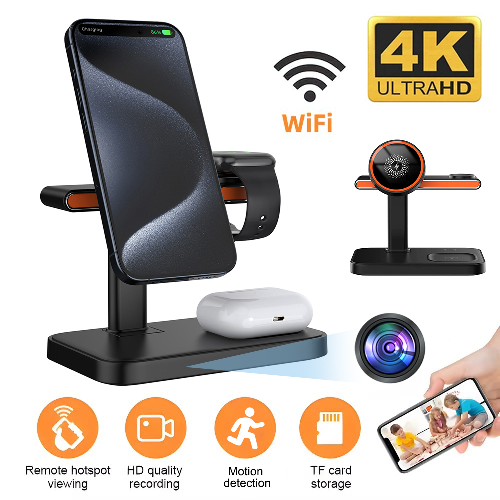 Universal Charger SpyCam: a charging station for smartphones, smartwatches, and earbuds. Features remote viewing, HD recording, motion detection, TF card storage; offers Wi-Fi and 4K Ultra HD options for the ultimate discreet wireless experience.