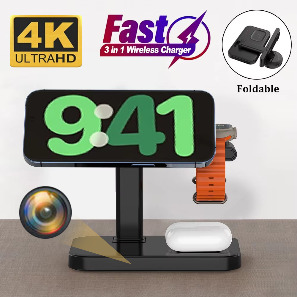 The Universal Charger SpyCam in black functions as a 3-in-1 wireless charger for a smartphone showing 9:41, an orange-banded smartwatch, and earbuds. It's fast, foldable, supports "4K Ultra HD," and discreetly offers surveillance features.