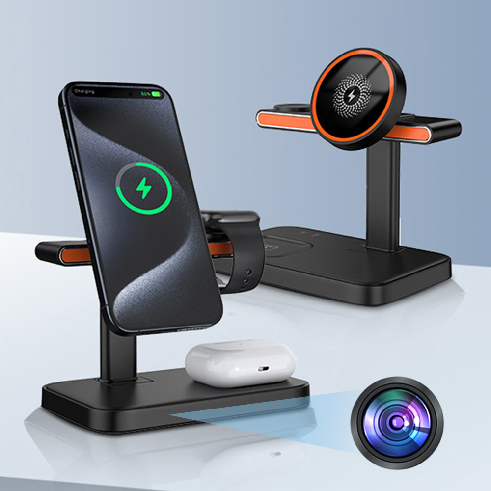 The Universal Charger SpyCam is a wireless charger with an upright design for smartphones, smartwatches, and earbuds. Its sleek lens-like appearance subtly reveals its potential as a spy camera in the foreground.