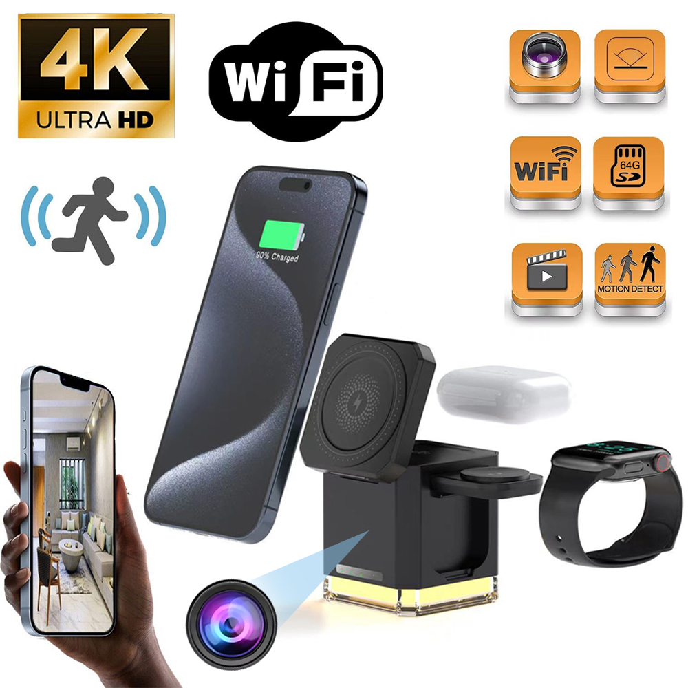 Composite image highlighting the Universal Charger Night Light SpyCam features like wireless 4K camera, phone display integration, motion detection, and WiFi connectivity accompanied by relevant icons.