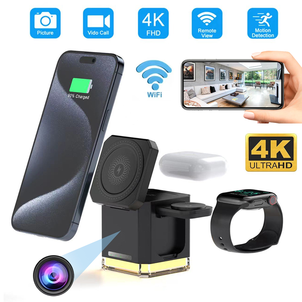 Explore the ultimate gadget trio: smartphone, smartwatch, and the compact Universal Charger Night Light SpyCam with a charging pad. Icons flaunt features like 4K FHD, WiFi, remote view, motion detection, picture and video call. Ideal for seamless connectivity in any living room setup.