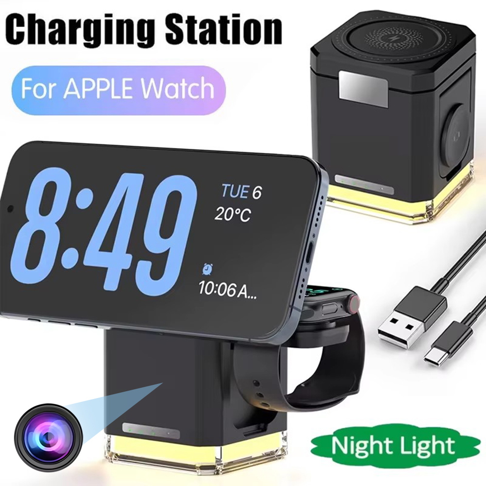 The Universal Charger Night Light SpyCam is a multifunctional charging station for Apple Watch and phone that features a night light, discreet SpyCam, time and temperature display, and comes with a USB cord for universal connectivity.