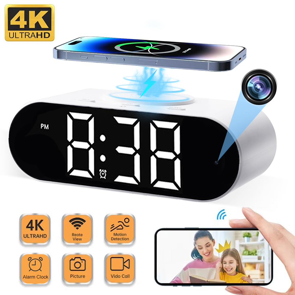 The Digital Clock Charger SpyCam is a digital alarm clock with a hidden camera, wireless charging, and live WiFi video monitoring, featuring 4K resolution, motion detection, alarm, and video call functions.