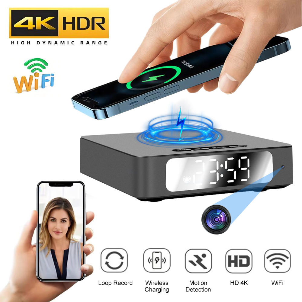 Wireless Charger Clock SpyCam: Black digital clock with wireless charging, 4K HDR WiFi spy camera, and motion detection. Hand places phone on top; video call visible on smartphone screen.