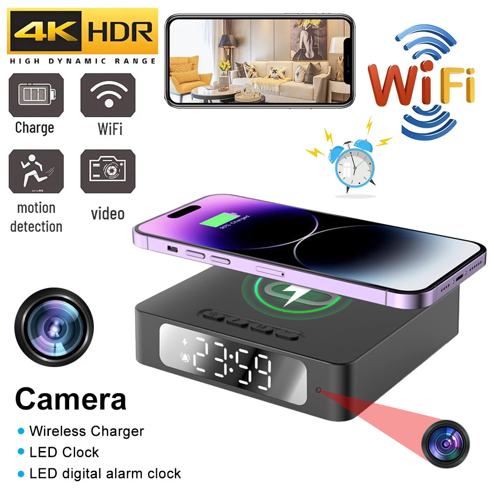 The Wireless Charger Clock SpyCam features a hidden 4K HDR camera, LED digital clock, WiFi, motion detection, and alarm functions; conveniently charge your smartphone on top while discreetly monitoring your space.