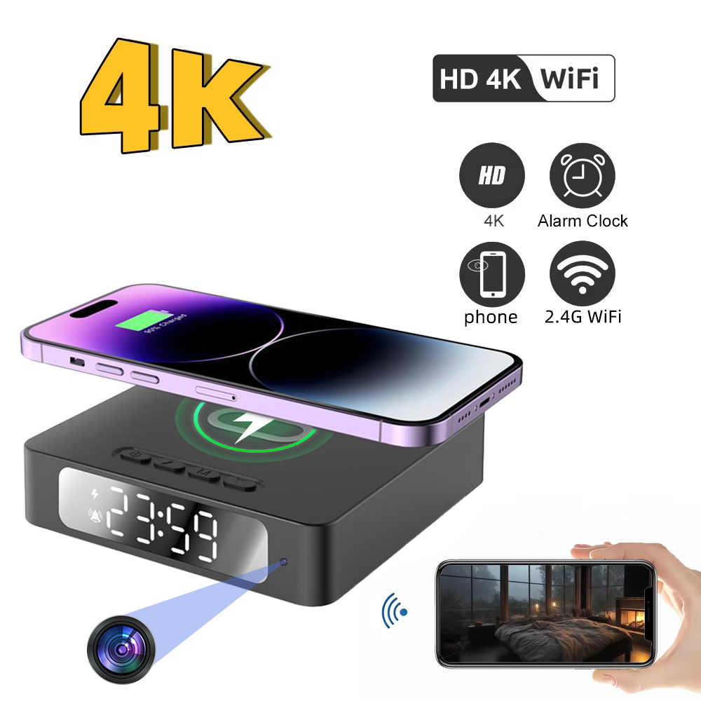 The Wireless Charger Clock SpyCam is a black digital alarm clock featuring a wireless charger, hidden 4K WiFi spy camera, motion detection, and is shown with a smartphone and sample surveillance footage.