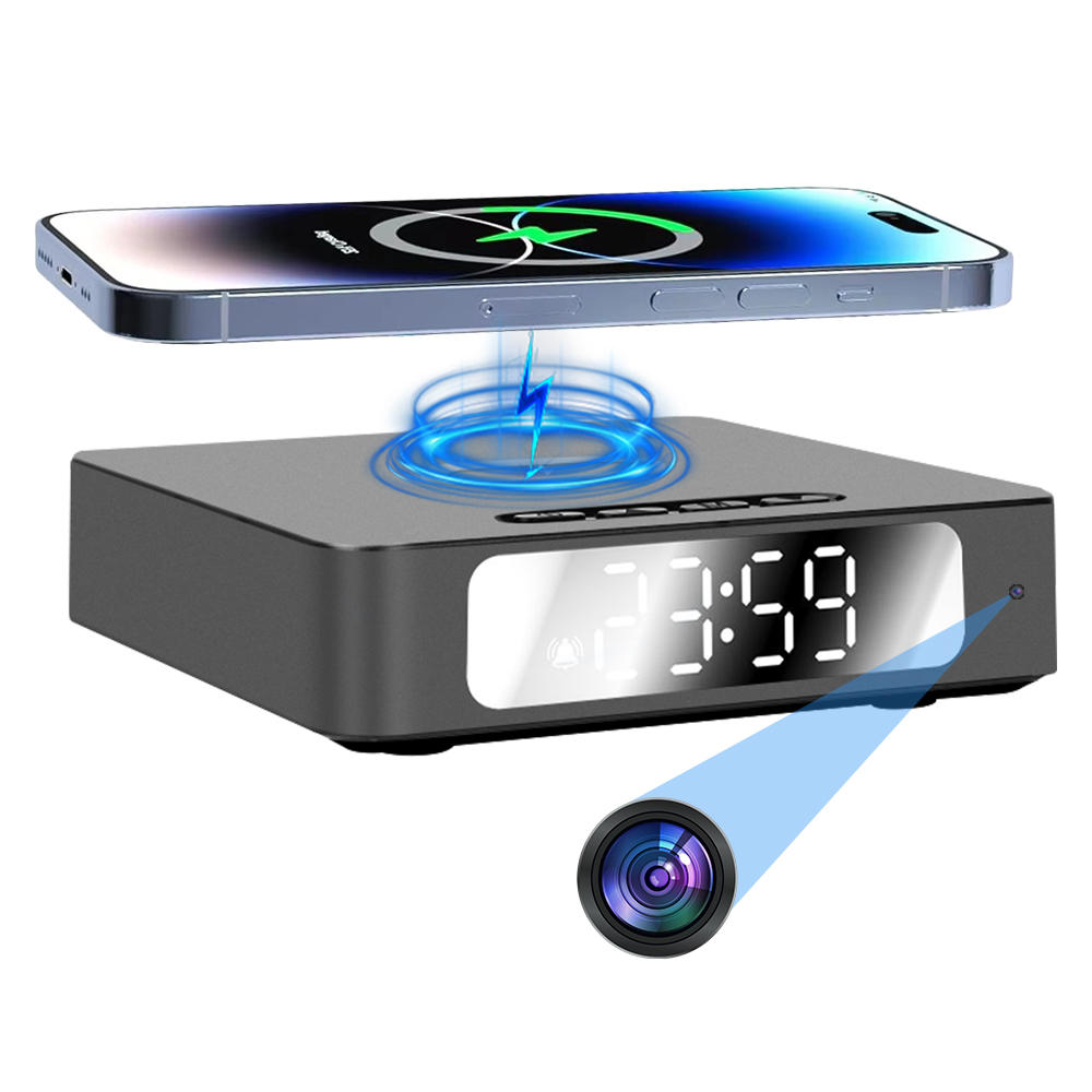 The Wireless Charger Clock SpyCam wirelessly charges your smartphone atop a digital clock and includes a hidden spy camera, signaled by a blue projection.